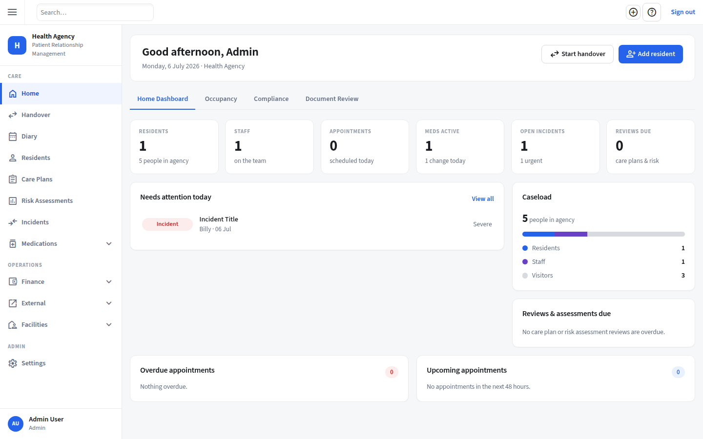 Heddfa home dashboard — today's round, incidents and reviews on one screen