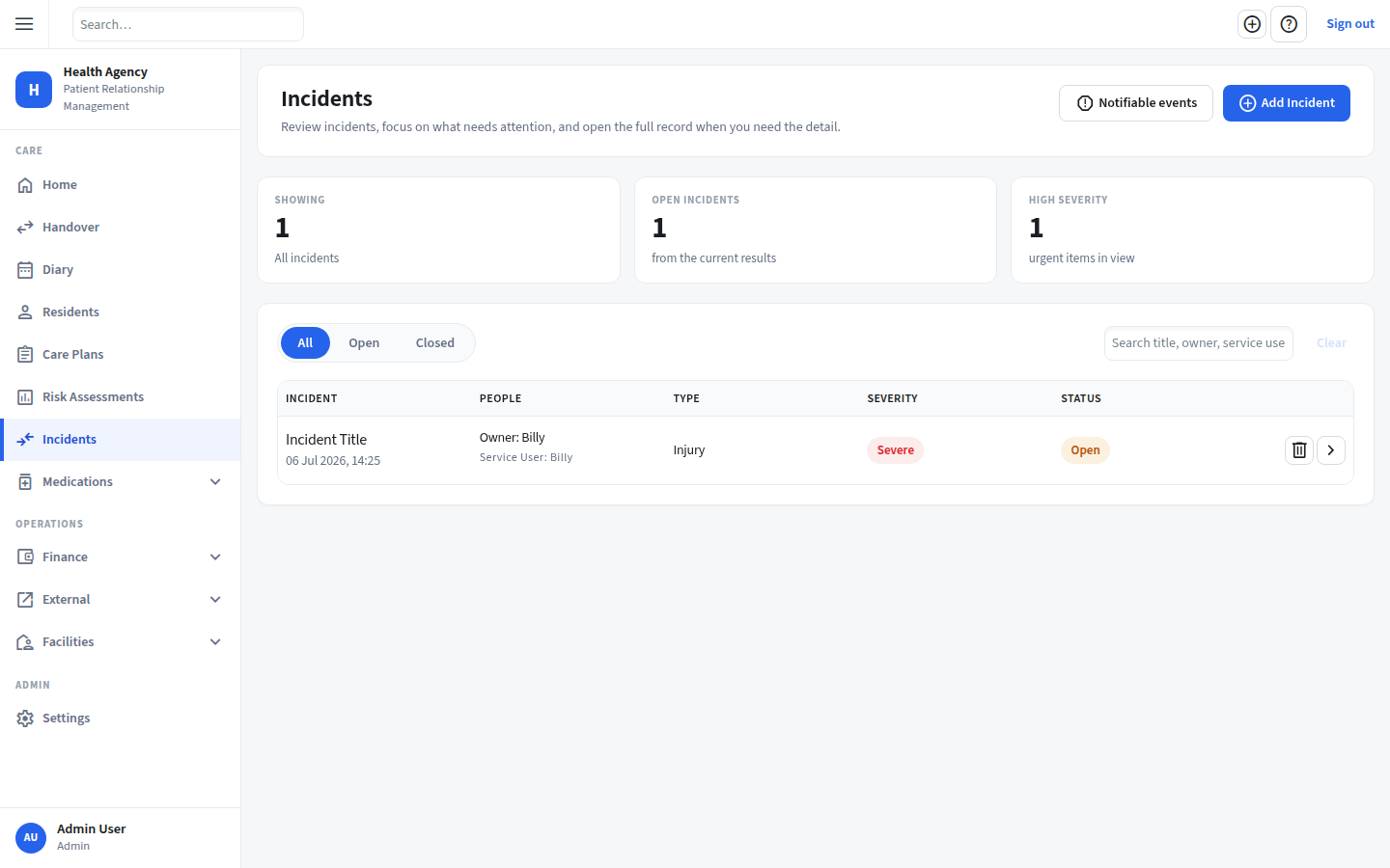 Heddfa incidents register with severity and status tracking