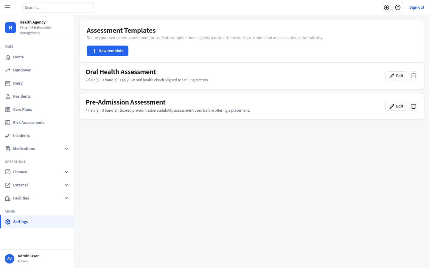 Heddfa custom assessment templates — define your own scored forms with fields and bands