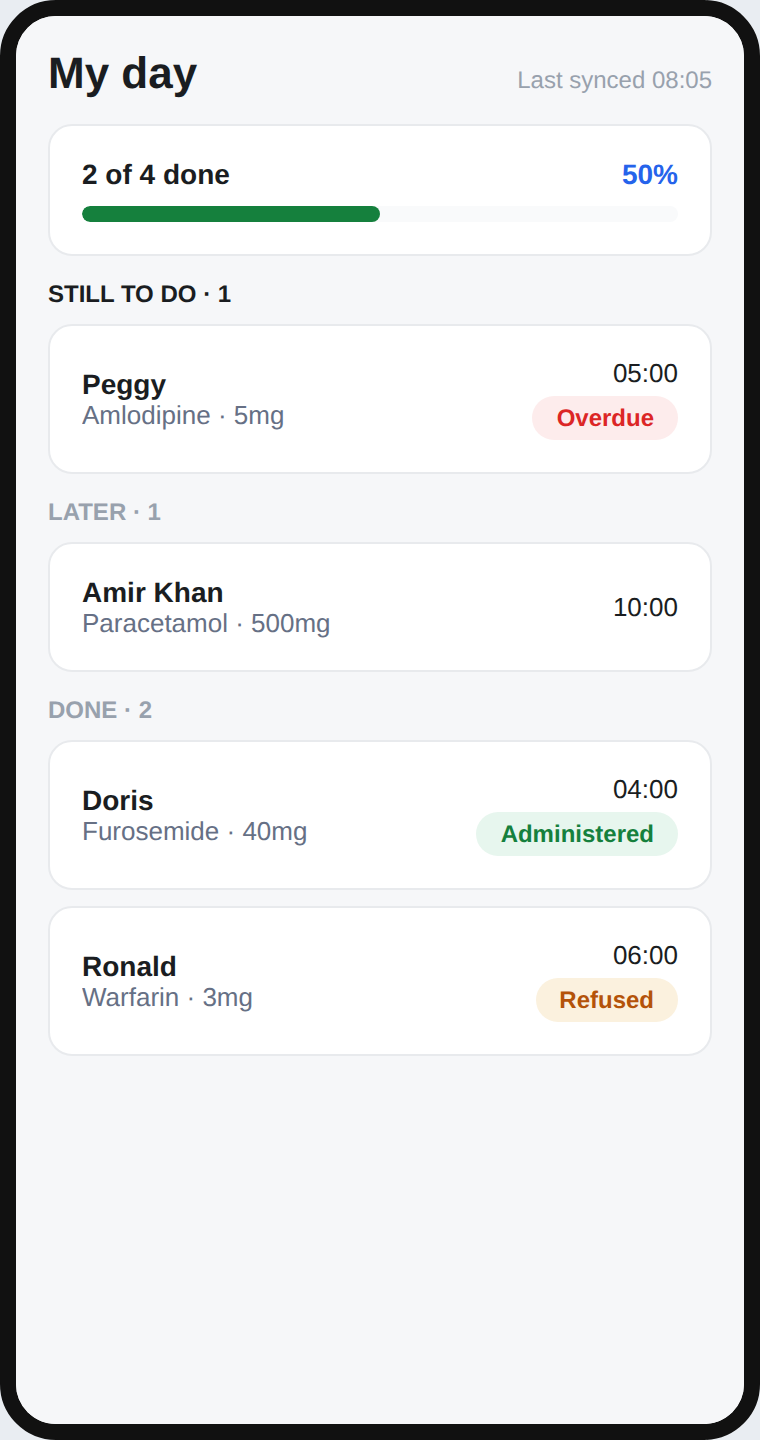Heddfa staff mobile app showing a carer's My Day task list for point-of-care recording